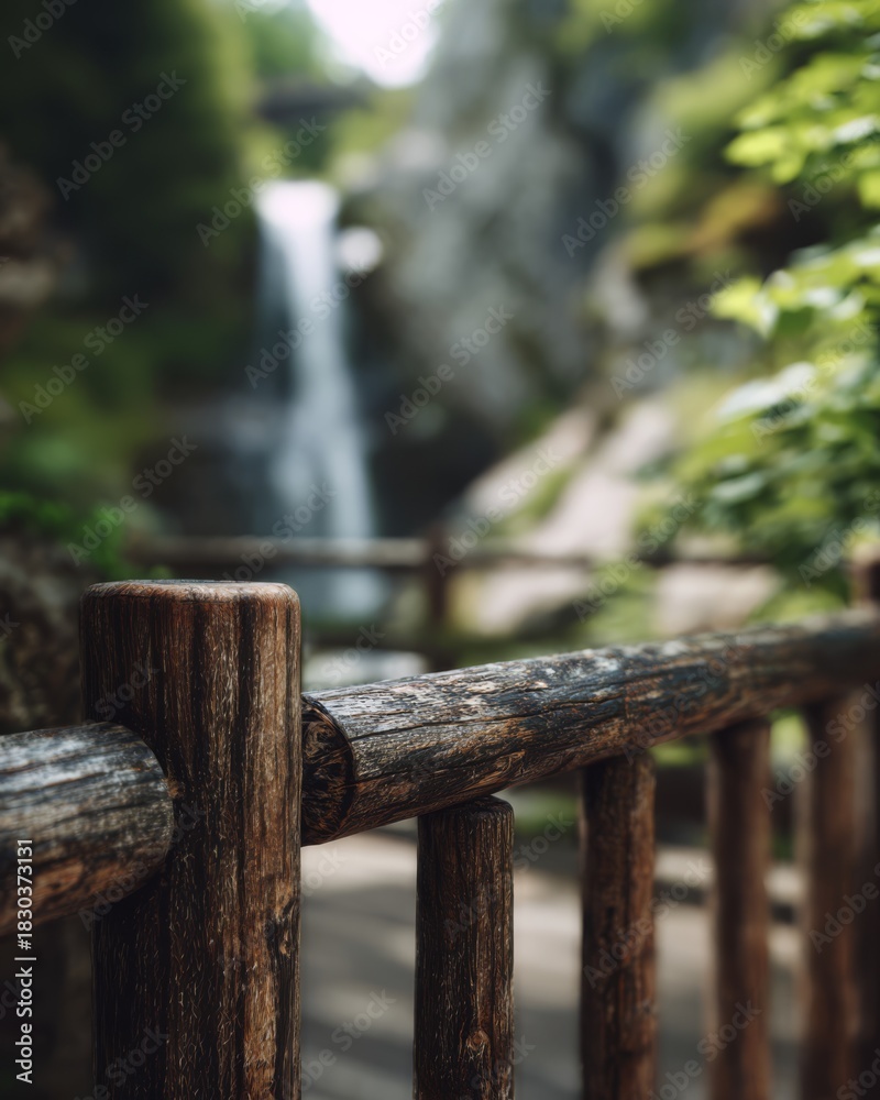 Fototapeta premium Close-up of a rustic wooden railing overlooking a softly blurred waterfall in nature.
