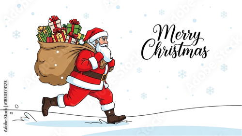 Merry Christmas illustration of Santa Claus running with a sack full of gifts during snowfall