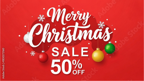 Festive holiday promotion banner with Christmas ornaments and a fifty percent discount
