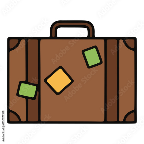 A classic brown travel suitcase illustration with colorful destination stickers.