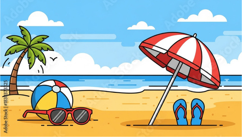 Colorful summer vacation scene on a sandy tropical beach with an umbrella, ball, and palm tree