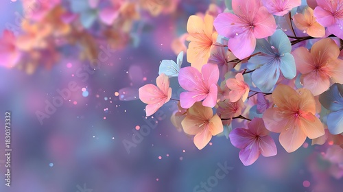 Delicate pastel flowers bloom in soft focus with bokeh lights. spring nature inspiration. 3D rende