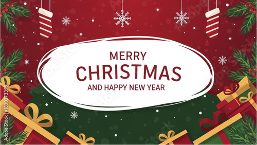 Festive Christmas and Happy New Year Greetings with Gifts and Decorations