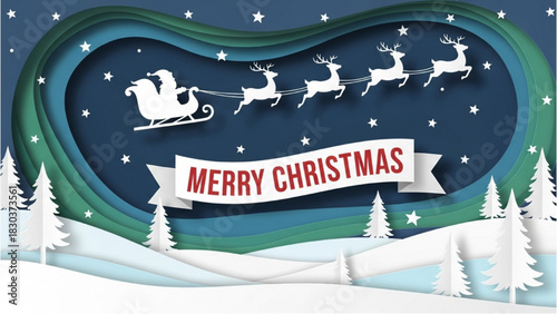 Merry Christmas Card Santa Claus and Reindeer Flying Over a Winter Landscape