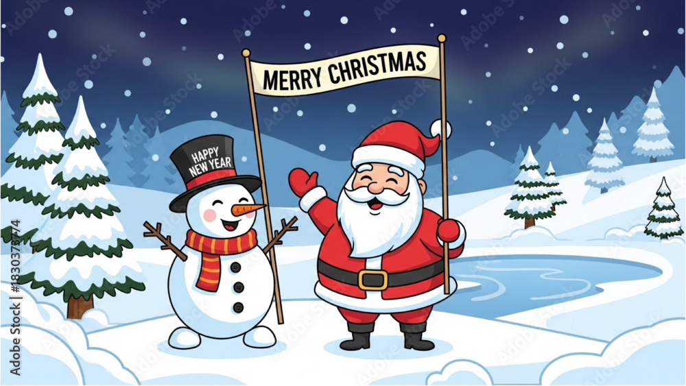 Fototapeta premium Festive Santa and Snowman Displaying Merry Christmas Banner in Winter Landscape