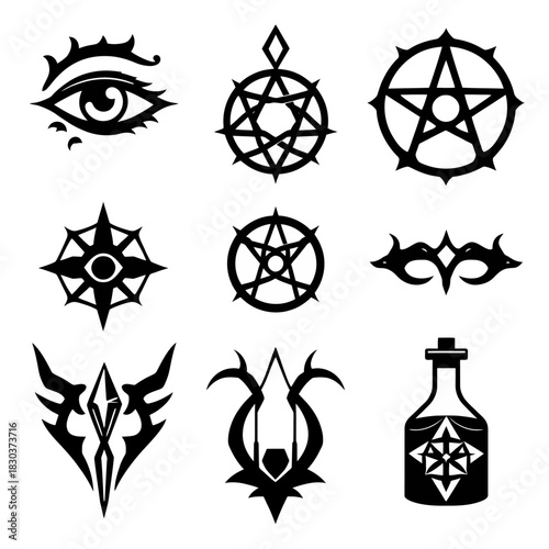 Nine black symbols eye pentagrams stylized crests bottle