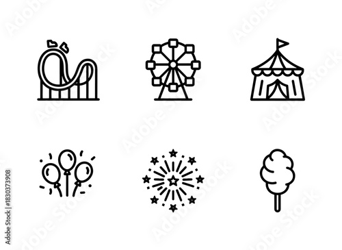 Amusement Park Roller Coaster Ferris Wheel Carnival Festival Fireworks Minimal Icons