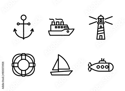 Anchor Ship Lighthouse Life Buoy Sailboat Submarine Minimal Bold Line Icon Set