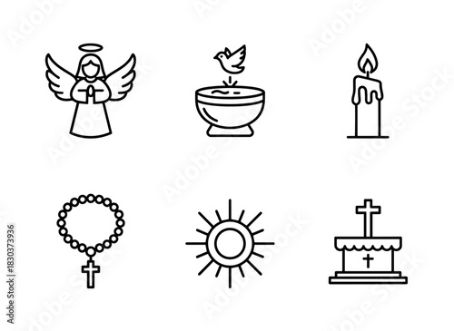 Angel Baptism Candle Rosary Halo Altar Minimal Bold Line Icon Set