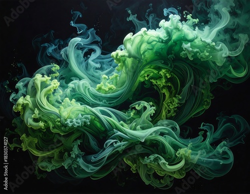 Wallpaper Mural Abstract fluid art featuring vibrant green and teal swirling smoke against black Torontodigital.ca