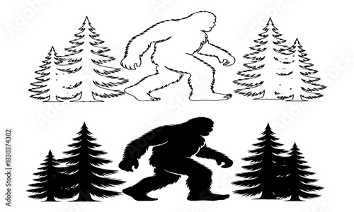 Bigfoot or Sasquatch walking through the forest icon set, featuring detailed outline and solid black silhouette illustrations, vector design for paranormal research, wildlife mystery, and cryptic crea