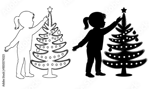 Little girl decorating Christmas tree icon set, placing star on top, featuring detailed outline and solid black silhouette, vector illustration for childhood, holiday celebration, and festive traditio