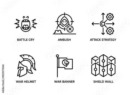 Battle Cry Ambush Attack Strategy War Helmet War Banner Shield Wall Minimal Bold Line Icons