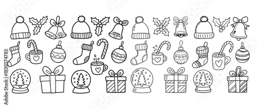Cute Christmas doodle set with hats bells holly stockings mugs ornaments snow globes and gifts