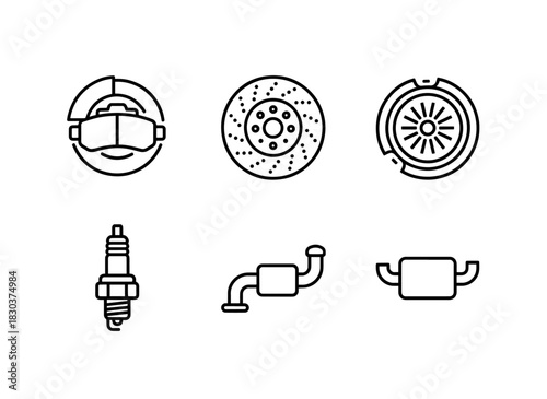 Brake Pads Brake Disc Clutch Spark Plug Exhaust Muffler Minimal Bold Line Icon Set