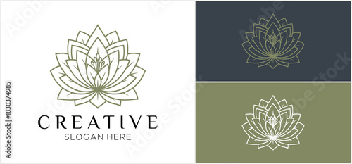 Elegant lotus flower logo design with variations on different colored backgrounds.