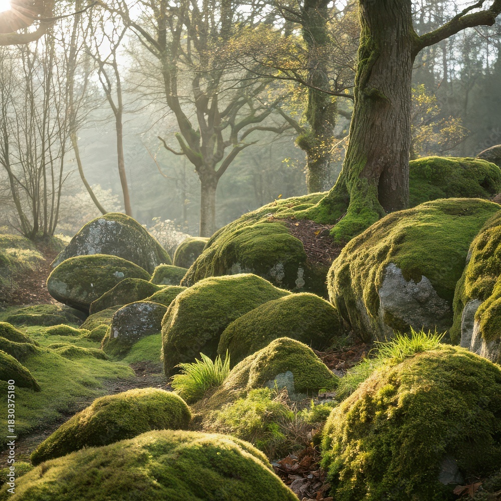 Fototapeta premium Sunlight filtering through trees onto mossy boulders in a forest