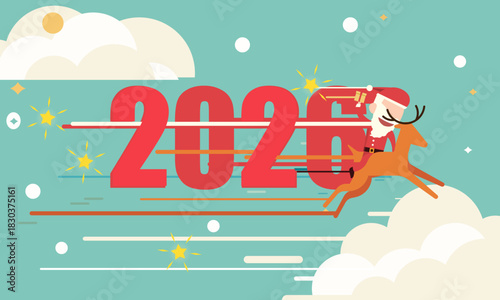 Santa claus drive riding a deer launch 2026 and smoke through cloud into space. Startup - flat design. vector design.