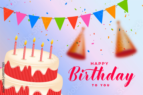 Happy Birthday Party Banner Colorful Cake and Confetti Celebration Design