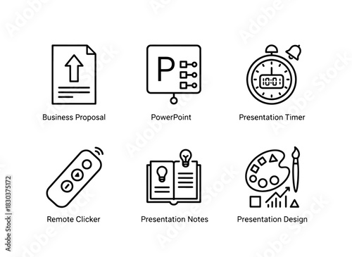 Business Proposal PowerPoint Presentation Timer Remote Clicker Presentation Notes Minimal Bold Line Icons