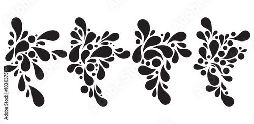 Decorative abstract droplet corner designs with flowing shapes for elegant black and white artwork