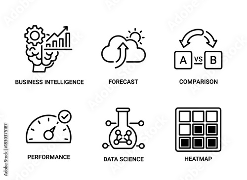 Business Intelligence Forecast Comparison Performance Data Science Heatmap Minimal Bold Line Icons