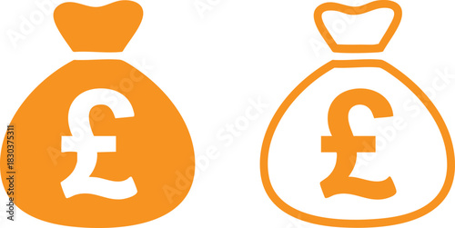 Money Bag Icons with British Pound Sterling (£) Symbol, Orange Money Sacks with Pound Sign (Solid and Outline), Financial or Wealth Icon (Pound), UK Currency Money Bags, illustration, vector.