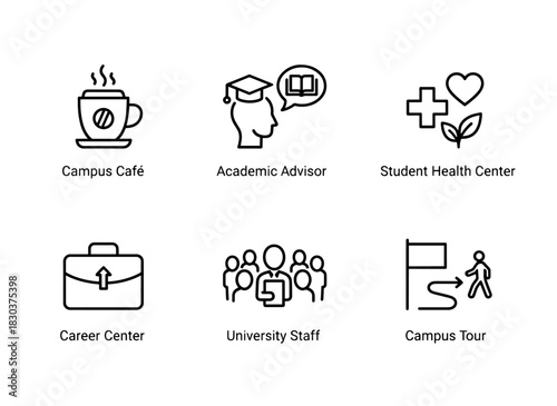 Campus Café Academic Advisor Student Health Center Career Center University Staff University Life Icons