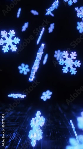 Blue snowflakes falling over data flow grid. Winter technology background with digital circuit pattern and icy crystals for digital concepts.