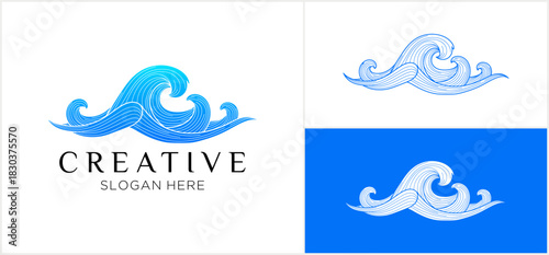 A stylized logo design featuring ocean waves with a gradient blue color scheme and text.