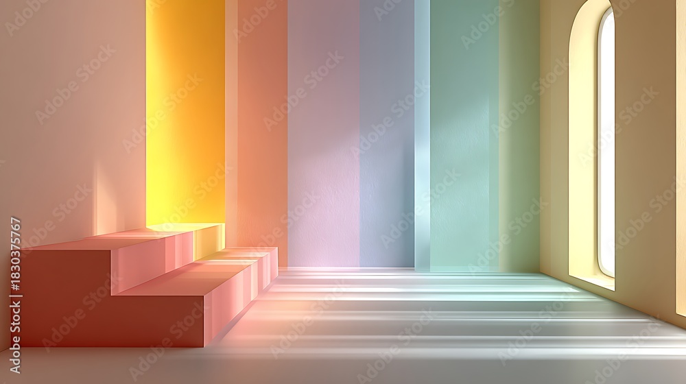 Fototapeta premium Abstract pastel interior with geometric steps and arched window casting light shadows. modern mini