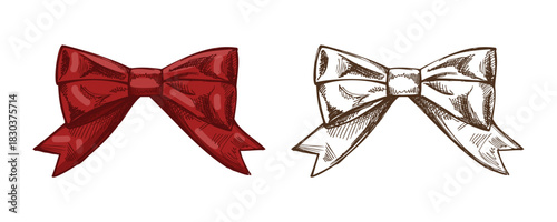 Hand drawn vintage sketch of decorative bow and ribbon in pastel red color, color and monochrome version
