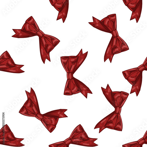 Hand drawn vintage seamless pattern of decorative red bows and ribbons, pastel color and monochrome version