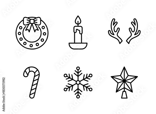 Christmas Wreath with Bow Christmas Candle Holder Christmas Reindeer Antlers Minimal Bold Line Icons
