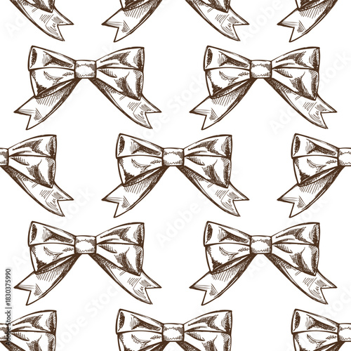 Hand drawn vintage seamless pattern of decorative red gift bows and ribbons, sketch style on white background