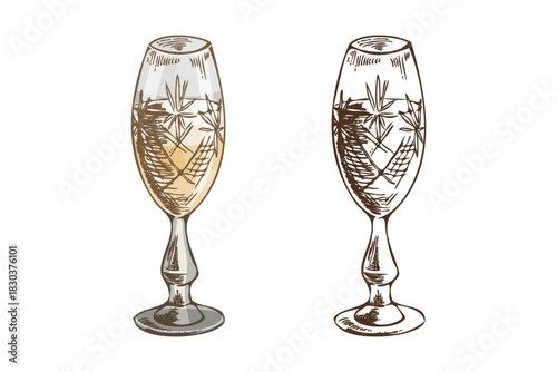 Hand drawn vintage sketch of engraved champagne glass in color and monochrome version, festive retro drink illustration