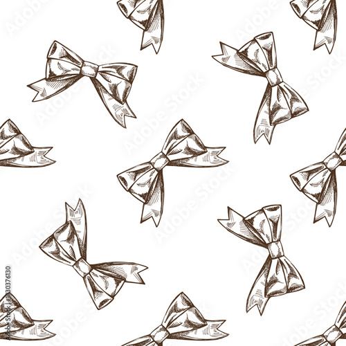 Hand drawn vintage seamless pattern of decorative red gift bows and ribbons, sketch style on white background