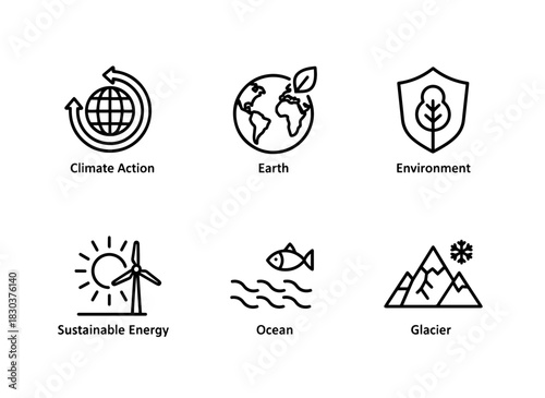 Climate Action Earth Environment Sustainable Energy Ocean Glacier Minimal Bold Line Icons