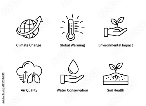 Climate Change Global Warming Environmental Impact Air Quality Water Conservation Minimal Bold Line Icons