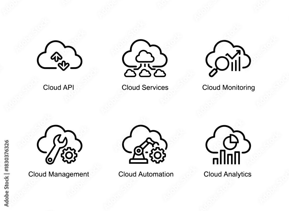 Obraz premium Cloud API Cloud Services Cloud Monitoring Cloud Management Cloud Automation Cloud Infrastructure Minimal Bold Line Icons 953502.ai