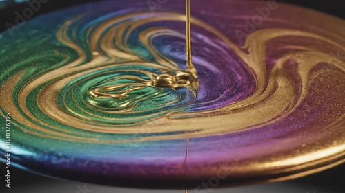 Shimmering gold liquid pours onto an iridescent surface creating swirling patterns. Fluid iridescent paint creating abstract texture.