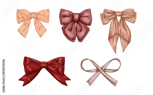Hand drawn vintage sketch of elegant gift bows and ribbons in pastel red and brown shades, isolated set