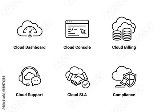 Cloud Dashboard Cloud Console Cloud Billing Cloud Support Cloud SLA Cloud Compliance Minimal Bold Line Icons 953502.ai