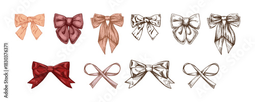 Hand drawn vintage sketch of decorative bows and ribbons in pastel and monochrome version, isolated vector set