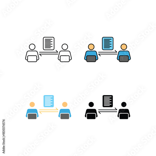Modern document exchange icon set showing file sharing between users. Perfect for communication, teamwork, collaboration, offices, apps, websites, and business systems.
