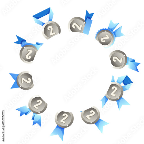 A circular arrangement of silver medals with the number two, surrounded by blue ribbons. The design symbolizes achievement and recognition in competitions.