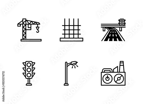 Construction Crane Building Foundation Highway Traffic Light Street Lamp Water Tower Minimal Bold Icon Set