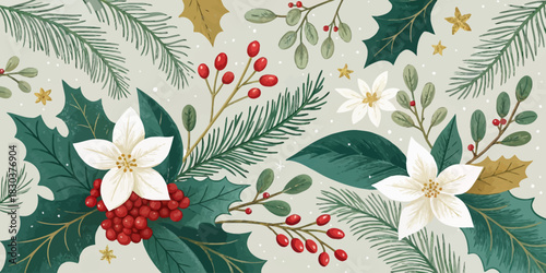 Christmas festive winter foliage arrangement with poinsettias and berries on a light background