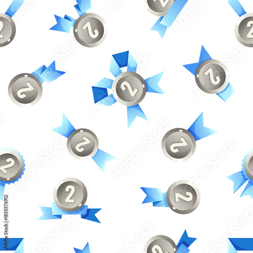 Seamless pattern of awards featuring silver medals and blue ribbons. The design includes various medal shapes and sizes, ideal for celebration themes.