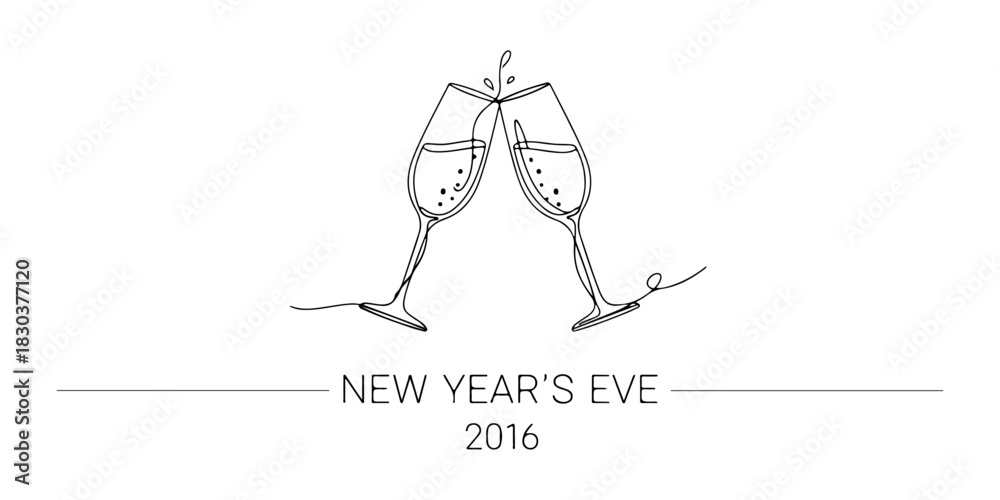 Obraz premium Continuous one line of a two glasses toasting, representing the global celebration of New Year's Eve 2016, celebration theme, hand drawn vector illustration.